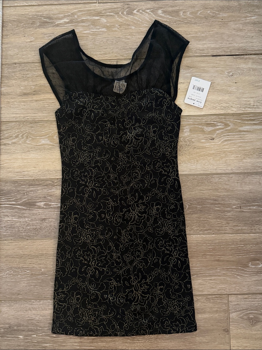 Free People Black Mini Dress with Gold Floral Embroidery